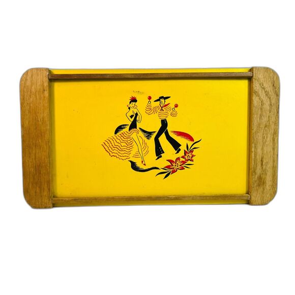 Vintage 1950s Spanish Couple Serving Tray Yellow Lap Tray Dancing Board - Picture 1 of 6